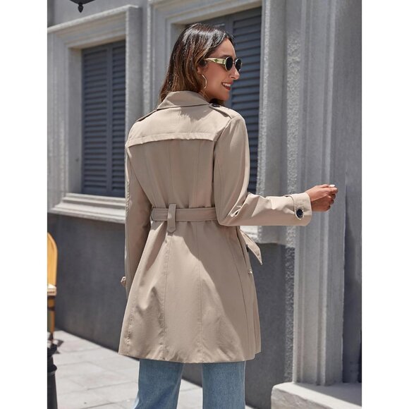 Women's Khaki  Waterproof Trench Coat Classic Lapel Outerwear Coat with Belt - Picture 2 of 6